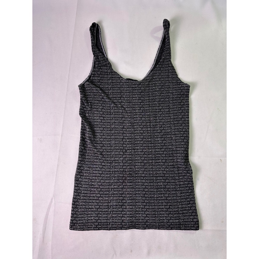 Bebe Sport Womens Grey Black All Over Logo Print Tank Top Size M/L Made in USA